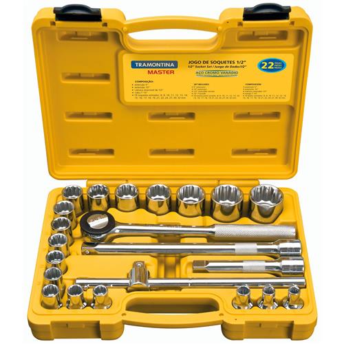 Jogo de Soquetes 1/2" com 22 Peças - 43600/022 - TRAMONTINA Jogo de Soquetes 1/2" com 22 Peças - 43600/022 - TRAMONTINA